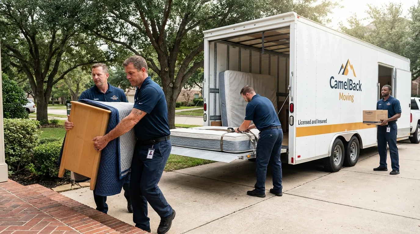 Crew loading residential truck for cross-state move from East Millinocket, ME