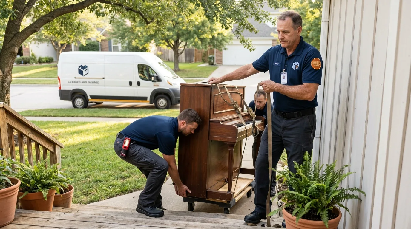 Licensed piano movers securing grand piano in East Millinocket, ME