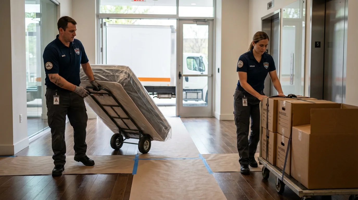 Professional apartment movers loading elevator in East Millinocket, ME