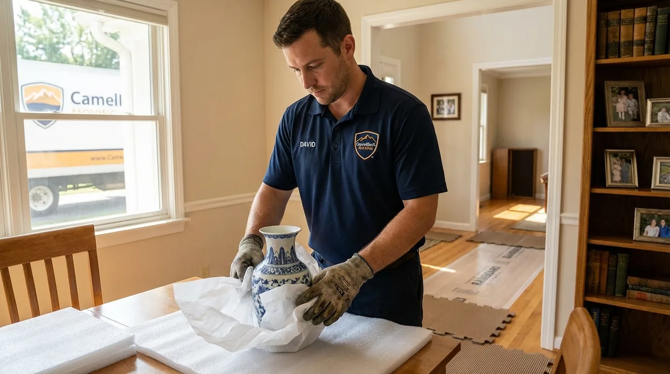 Professional crew carefully wrapping antique vase for senior downsizing move in East Millinocket, ME