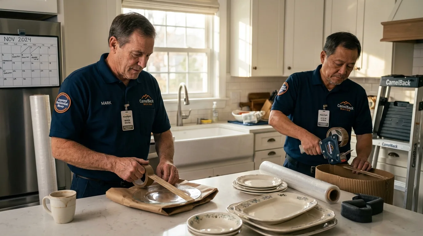 Professional crew packing kitchen dishware in East Millinocket, ME